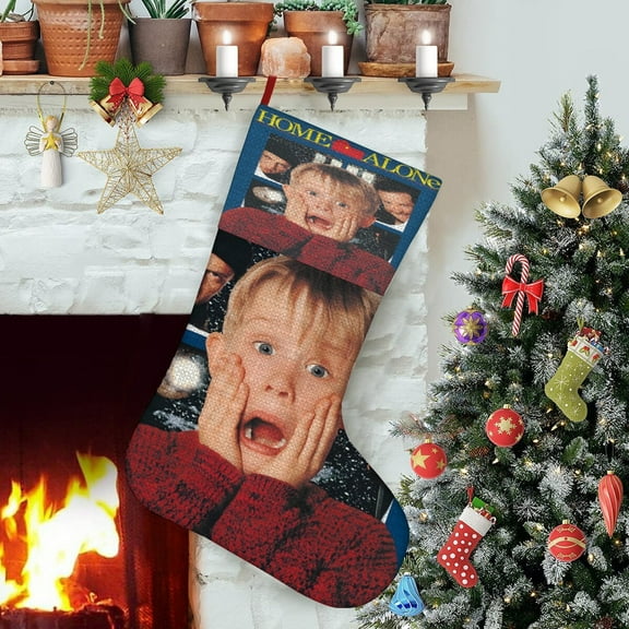 Home Alone-theme Christmas Stockings，Fine white linen for Stairs Fireplace Hanging Xmas Home Decor Christmas gift17.7"X12.6"(45cm×32cm)