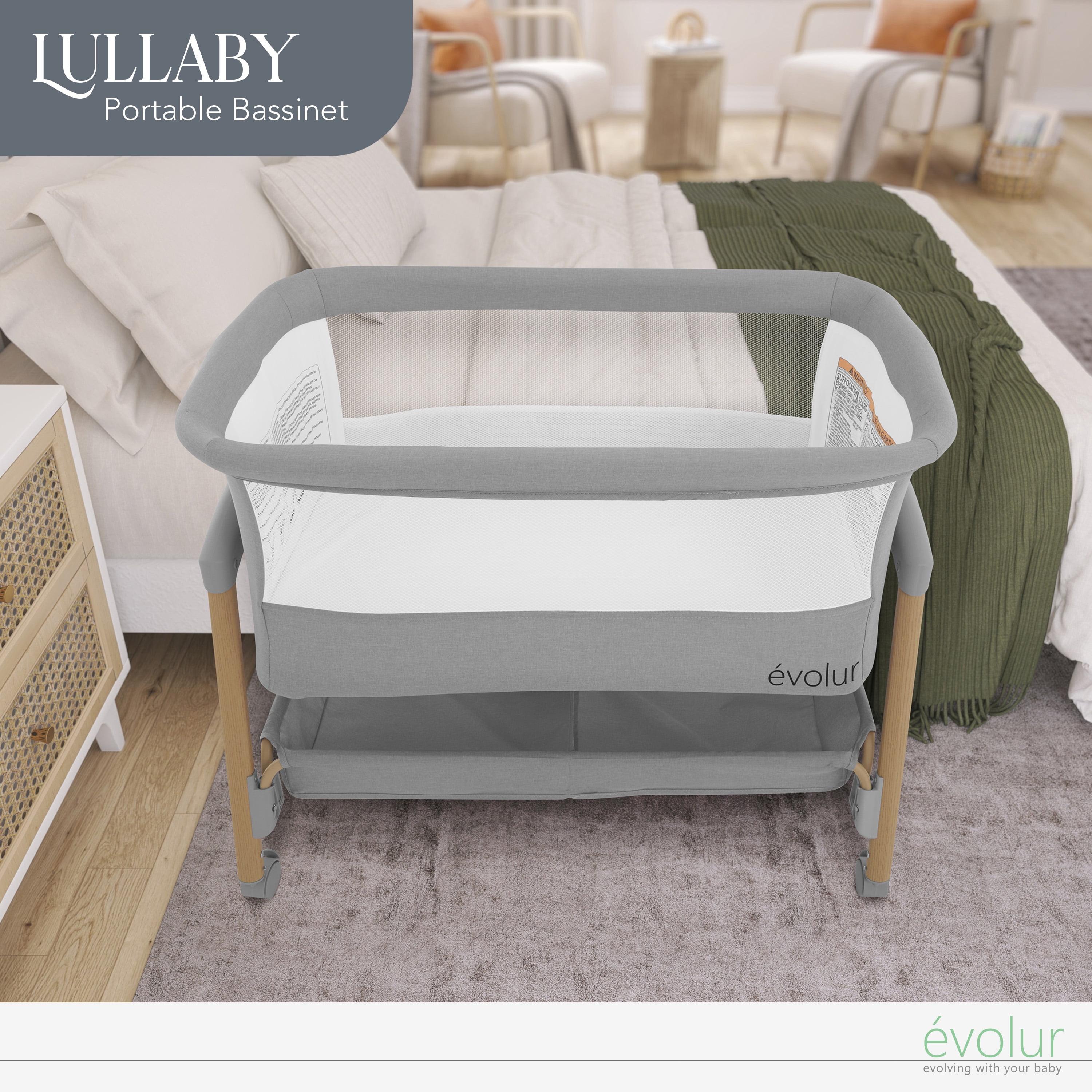 Evolur Lullaby Portable Bassinet With Wheels, Light Gray