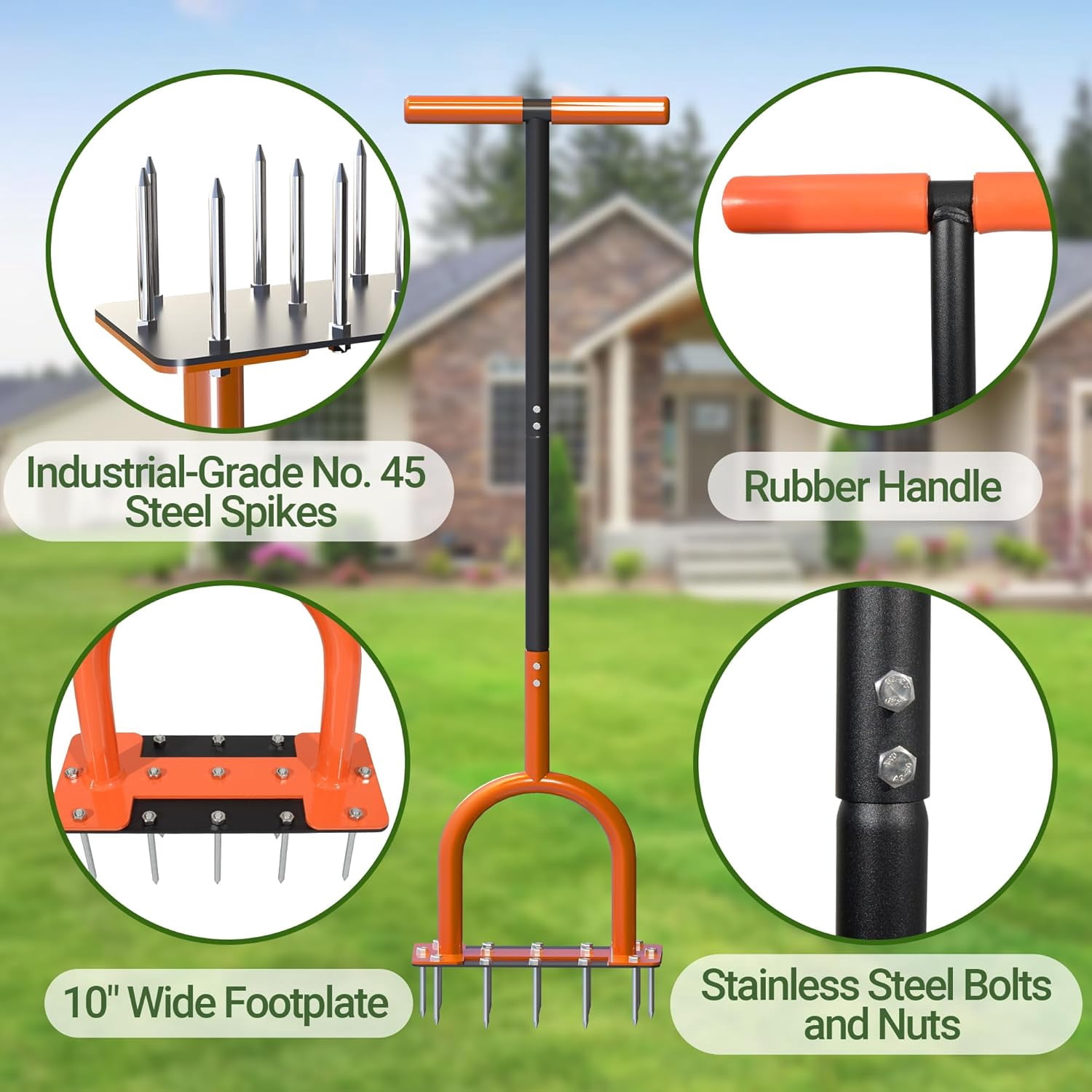 39in Lawn Aerator with 15 Industrial-Grade No.45 Steel Spikes Tool Manual Yard Grass Aeration for Lawn, Yard, Garden, Compacted Soil