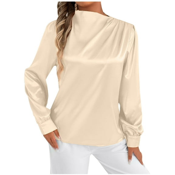 UYISJ Womens Dressy Business Casual Blouse Pleated Long Sleeve Tops Satin Silk Work Shirt Fall Outfits Beige S