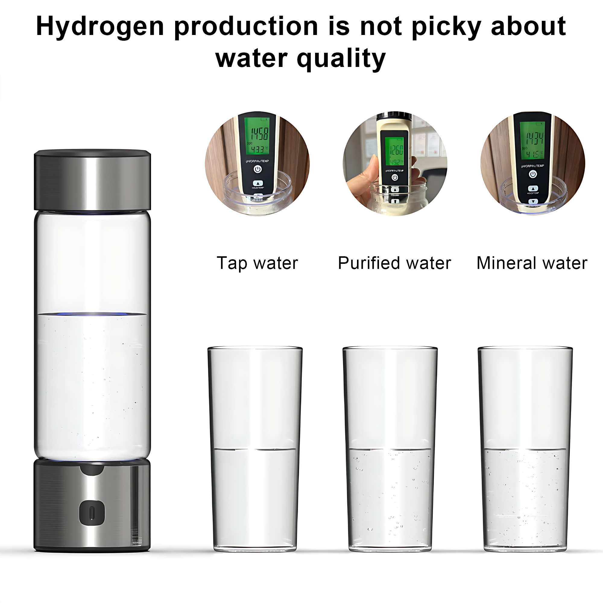 INSMART Hydrogen Water Bottle, 16 Oz Portable Rechargeable Hydrogen Water Generator, SPE & PEM Technology, 1500 PPB in 3 Minutes, Silver