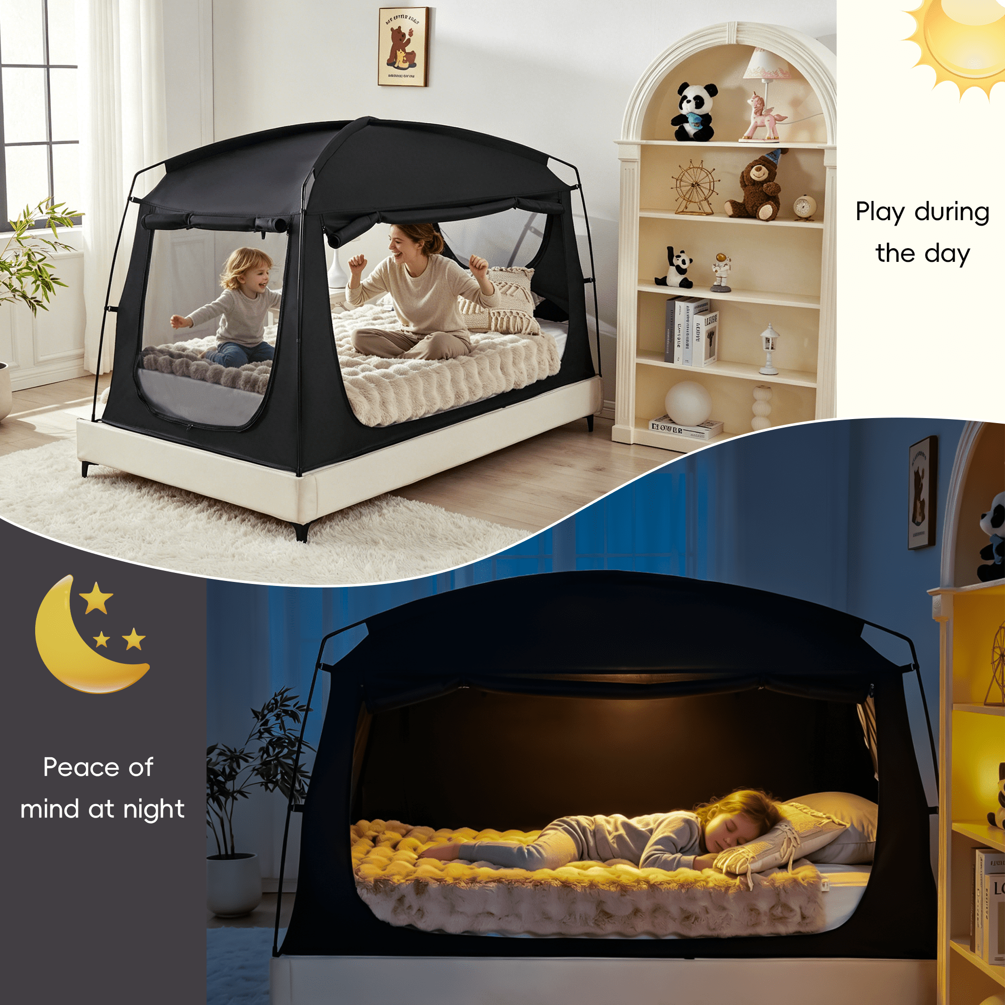 Black Privacy Twin Bed Tent for Adults Kids,Blackout Sleep Bed Tents Canopy with Breathable Mesh Windows