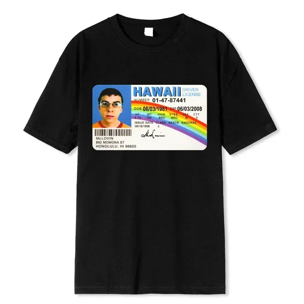 Camiseta de verano para hombre, con estampado de McLovin Id Card Superbad Geek, camiseta de manga corta extragrande, ropa para hombre