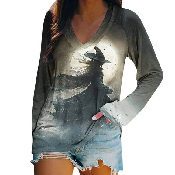 Long Sleeve Shirts for Women 2025 New Halloween Costumes Plus Size Loose Blouses Funny Halloween Printed V-Neck Pullover Tops