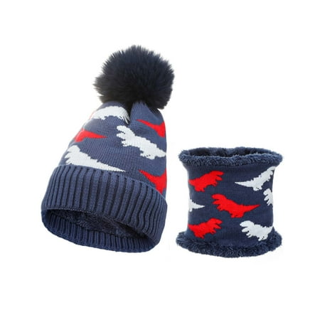 

Winter New Children s Knitted Hat Bib Two Piece Jacquard Dinosaur Wool Hat Plush Warm Suit Bomber Hats Blue