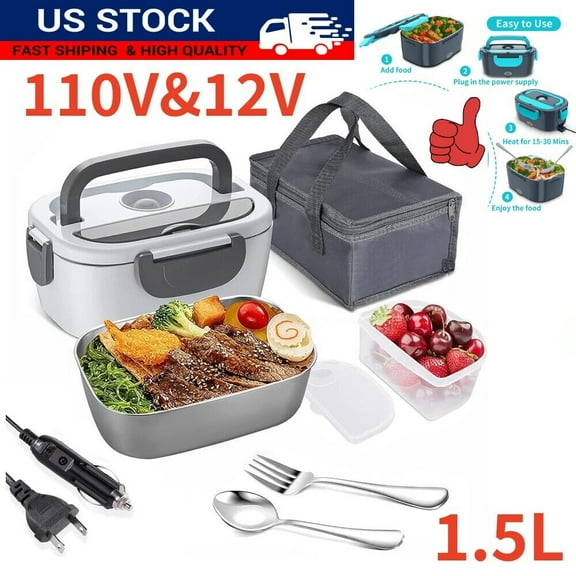 Electric Lunch Box Food Warmer - 2-In-1 Portable Food Heater for Car & Home - Leak Proof, Lunch Heating Microwave for Truckers with Removable Stainless Steel Container 1.5 L, 110V/12V