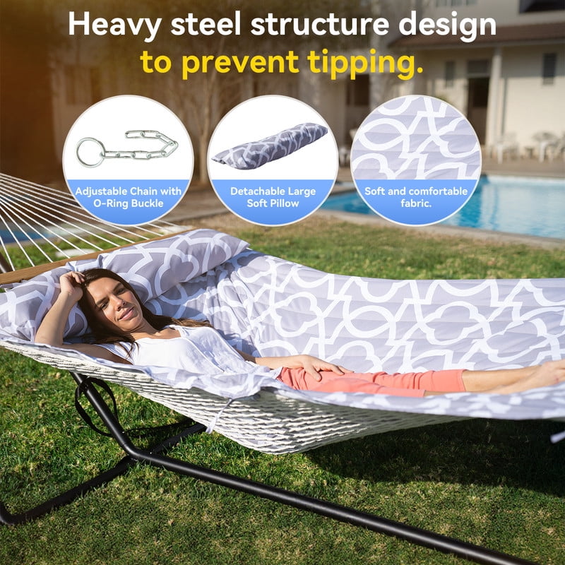 KEESTP 2-Person Cotton Rope Double Hammock with Stand, Removable Polyester Pad, 500LBS Capacity