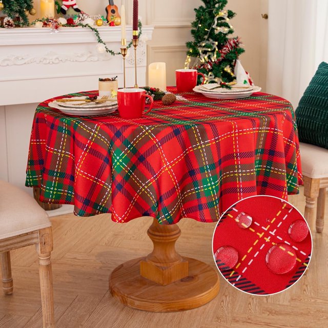 Romanstile Round Christmas Tablecloth - 60 Inch - Plaid Checkered Water Stain Resistant Table Cover, Washable Polyester Table Cloth for Xmas Dinner/Party Decoration/Holiday
