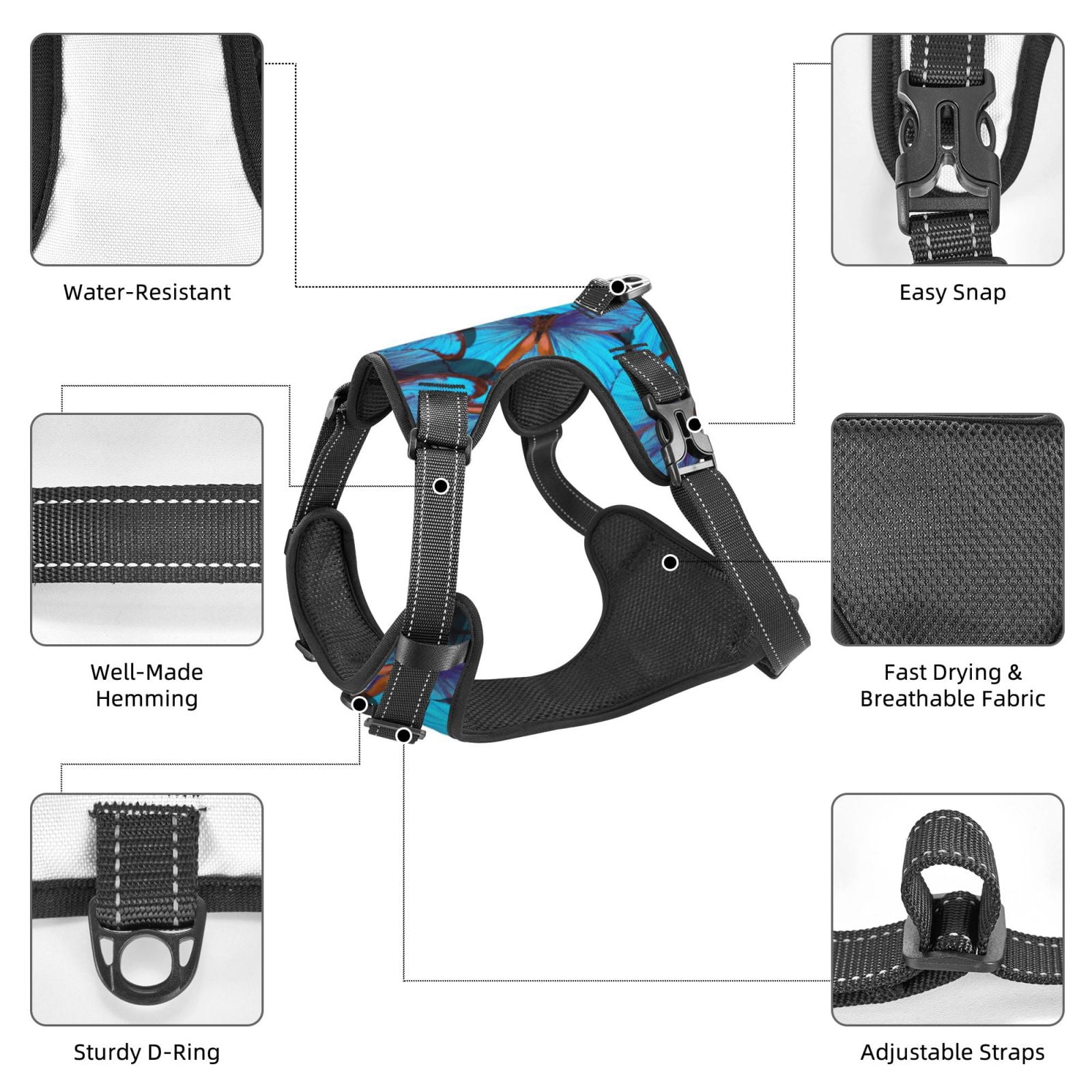 Fuzoiu Blue Butterflies Print Reflective Dog Harness,Adjustable, Breathable Pet Vest,Dog Harness No Pull,No Choke Pet Vest for Small, Medium, and Large Dogs-Large