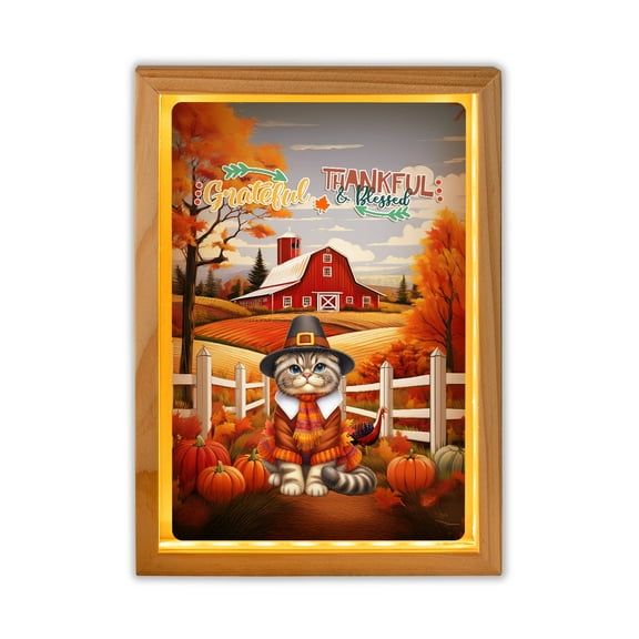 Thanksgiving Scottish Fold Pilgrim Grateful, Thankful, Blessed Fall Welcome Acrylic Plaque with Wood Photo Frame Box Cat Lover Kitten Owner Gifts Light Box - 00021