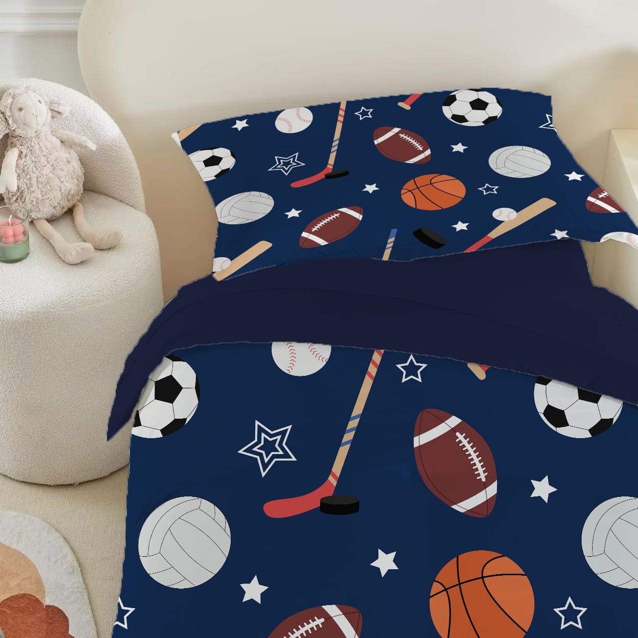 Toddler Bedding Sets for Babys Boys Girls Kids Navy Blue Ball Sports Toddler Crib Comforter Set Flat Sheet Fitted Sheet and Pillowcase 4 Pieces