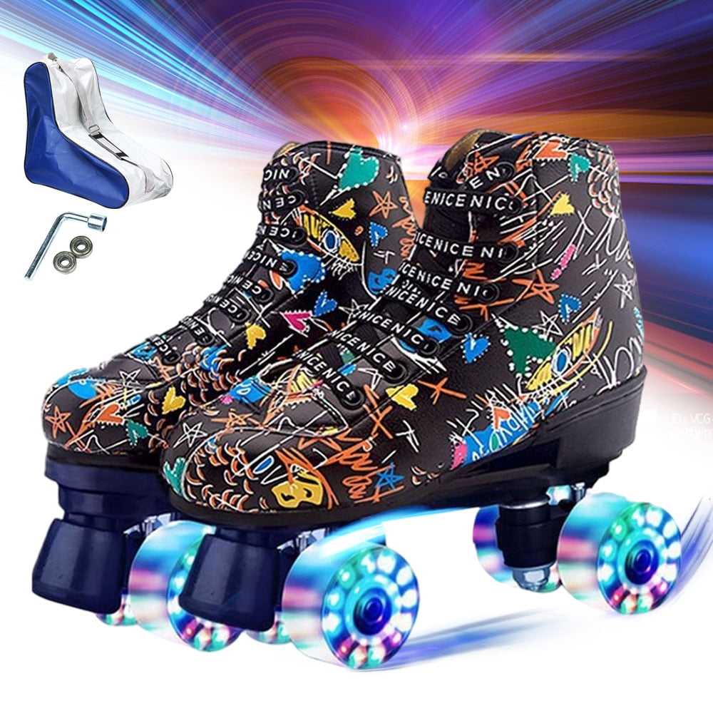 Womens Roller Skates PU Leather High-top Roller Skates Four-Wheel Roller Skates Shiny Roller Skates for Unisex 