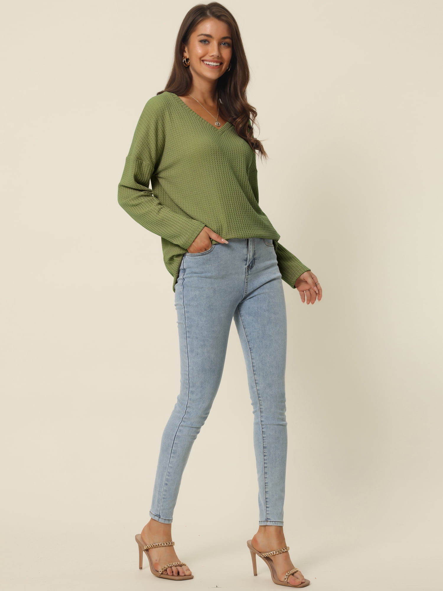 Women's Waffle Knit V Neck Long Sleeve Casual Blouse Lightweight Top M Army Green