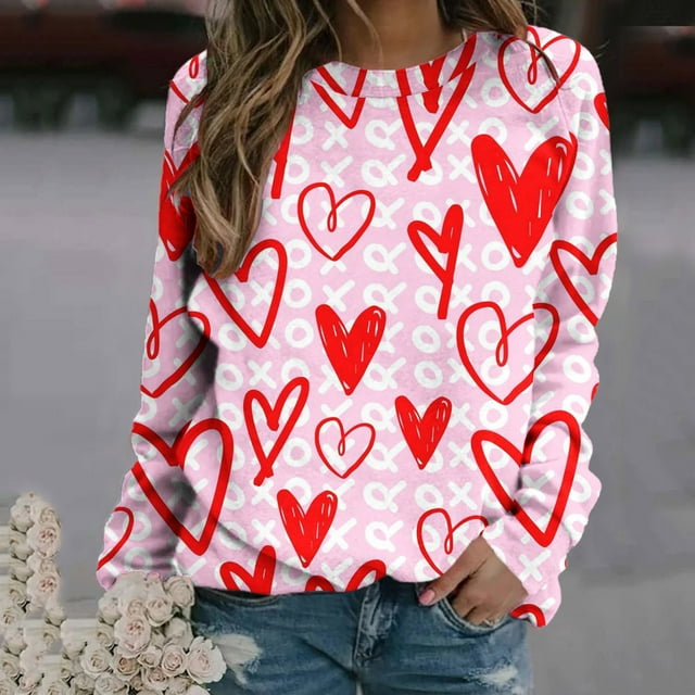 Aboser Chandails Molletonnés pour Femmes Love, Chandail de la Saint-Valentin à Col Rond, Hauts à Manches Longues pour Femmes, Chandails Molletonnés Y2K Surdimensionnés, Chandails Décontractés à Col Rond, Cadeaux pour Amies