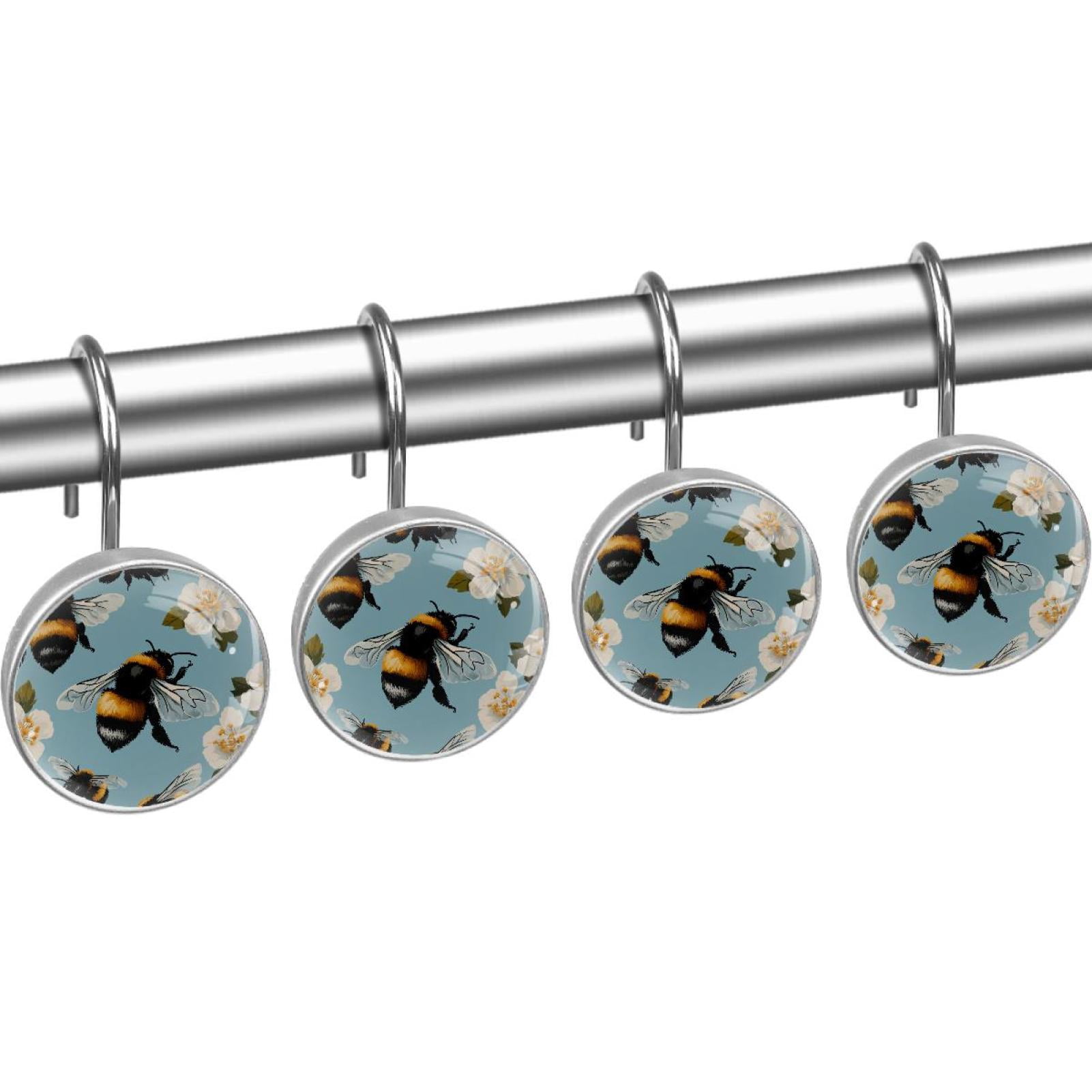 Honey Bees White Hibiscus Shower Curtain Hooks Round Crystal Glass, Set of 12 Shower Curtain Rings - Shower Hooks for Curtain Shower Rings