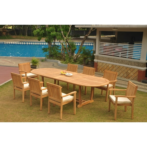 Grade-A Teak Dining Set: 8 Seater 9 Pc: 118" Double Extension Mas Oval Trestle Leg Table And 8 Leveb Stacking Arm Chairs WholesaleTeak #WMDSWVm