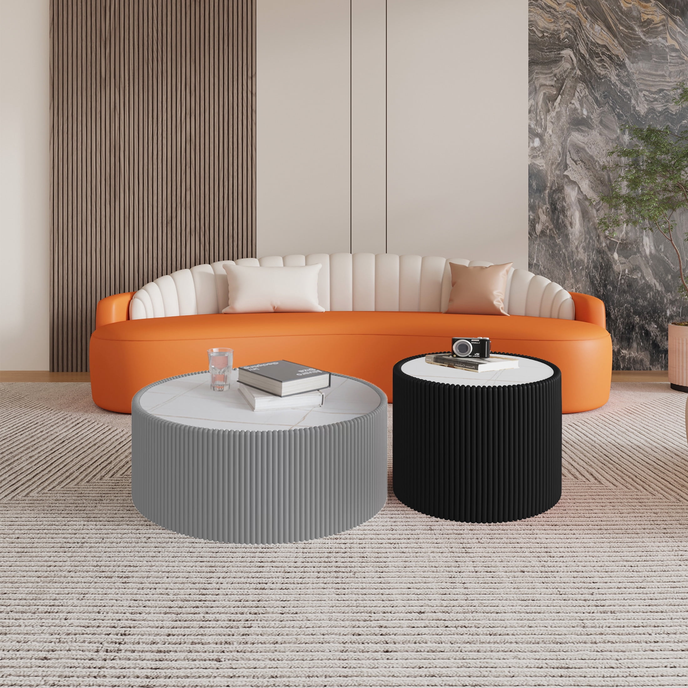 Noble House Halvion 29" Cylinder Sintered Stone Coffee Table with Leather Wrapped Frame, Modern Sofa Table, Gray