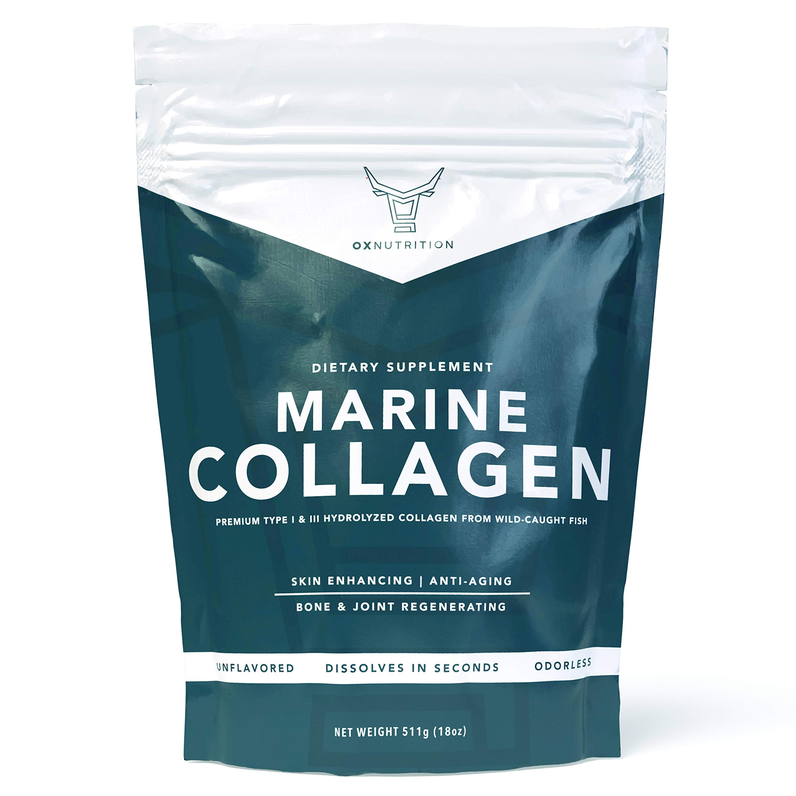 OXNUTRITION North Atlantic Wild Caught Marine Collagen Powder | Type 1 and  3 Hydrolyzed Fish Collagen Peptides | Large 18 Ounce | Rich in Amino Acids  for Skin, Hair and Nails | Keto | Unflavored 