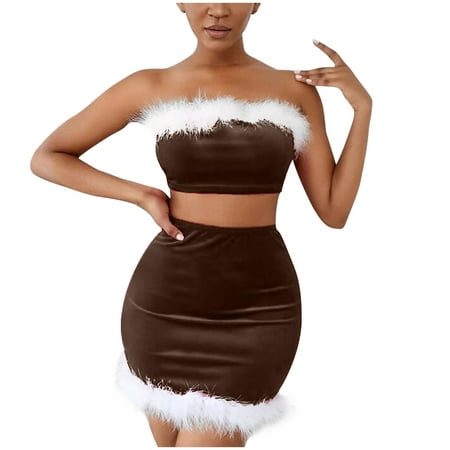 

BIZIZA Women s Lingerie Sexy Set Sexy Clearance Women s Christmas Costume Charm Bra and Panty Sets Skirt Feather Sleepwear for Women Coffee M