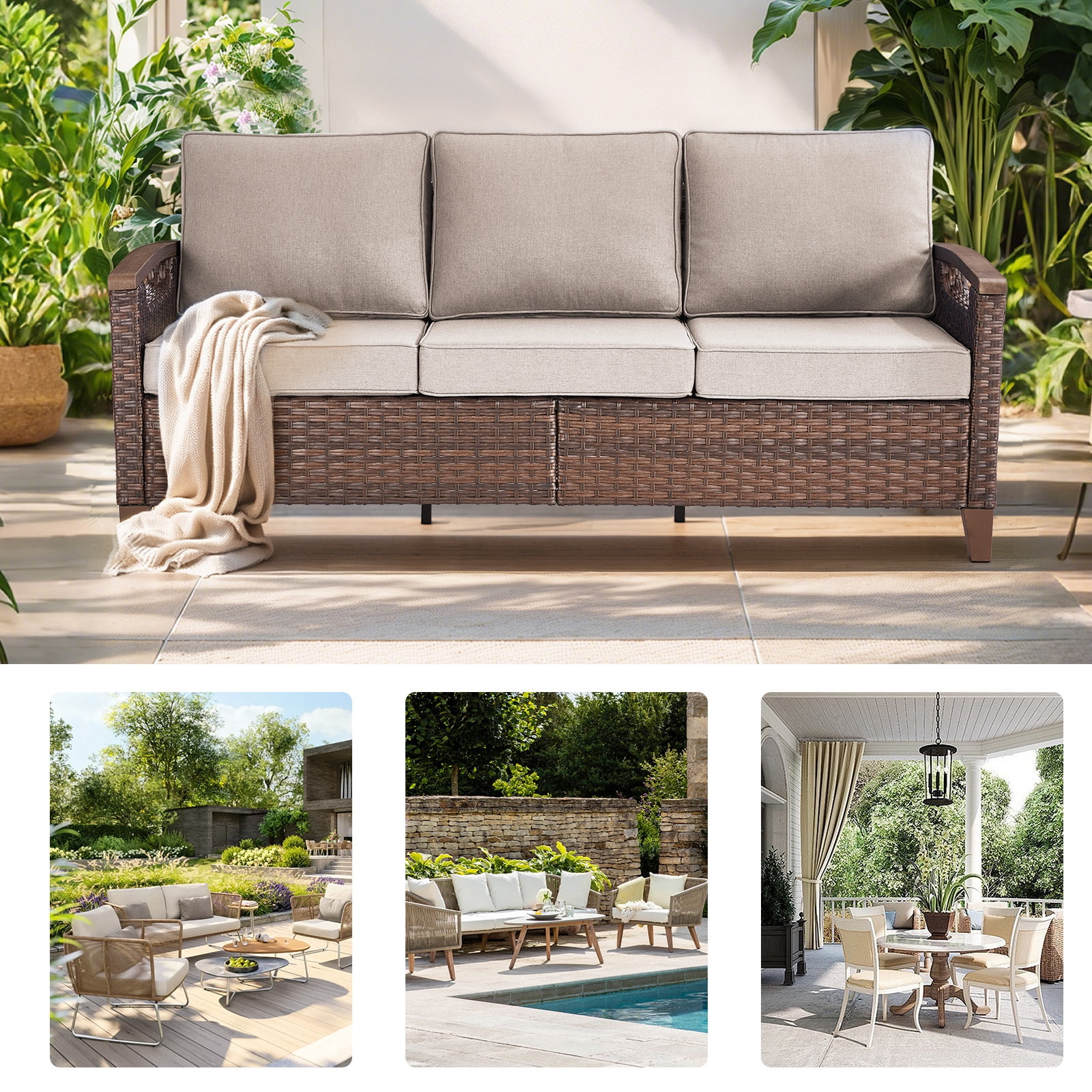 Bellefurn Wicker Patio Sofa Outdoor Couch,Patio 3 Seater Sofa Outdoor Rattan Furniture Sofa with Non-Slip Thick Cushions for Outdoor,Garden,Lawn,Backyard