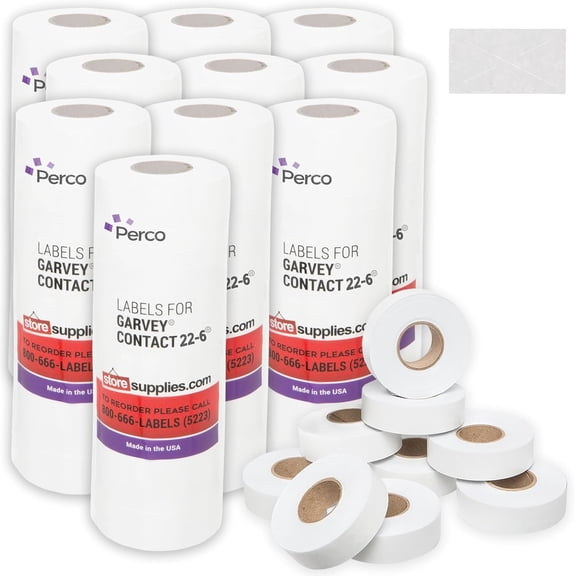 Perco White Price Marking Labels - 110,000 Blank Labels for Garvey 22-6/22-7/22-8 Price Gun with Ink Rolls Included - 90 Rolls, 10 Sleeves - Made in USA