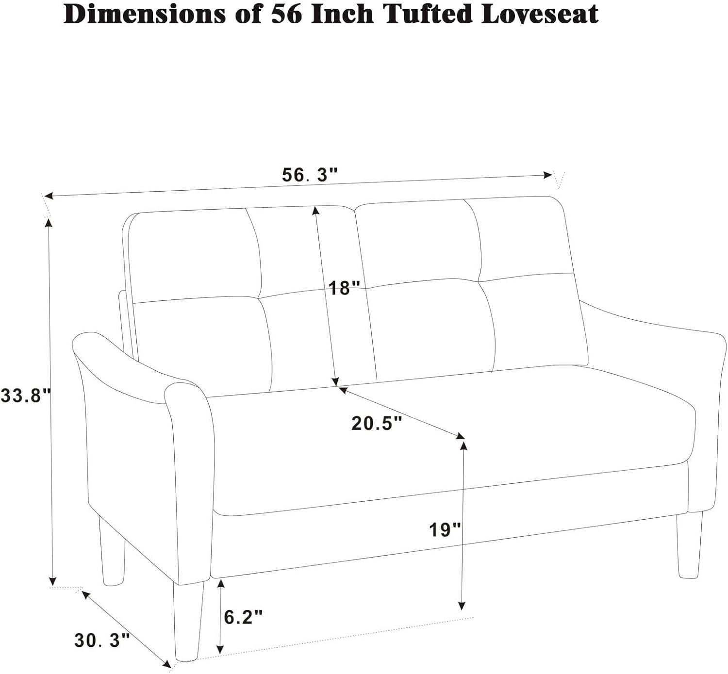 MOONMISS 56.3" Modern Loveseat Sofa, Upholstered 2-Seater Couch with Tufted Back, Sofa Chair with Plastic Legs,Mid-Century Small Space Sofa for Living Room,Bedroom,Apartment,Dark Brown