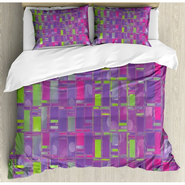 Glitch Duvet Cover Set Abstract Distorted Cubes Composition In Colors Decorative Bedding With Pillow Shams Violet Hot Pink Lime Green And Fuchsia By Ambesonne Com Abstract Distorted Cubes Composition, Lime Green Pink Bedding