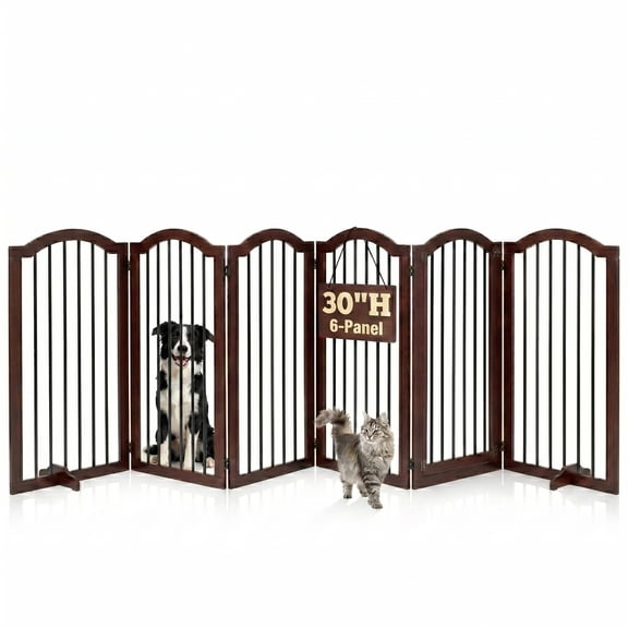Prilinex 30″ Tall 6-Panel Dog Gate Freestanding, 144" W Foldable Dog Fence Pet Gate for Doorway Stairs, Brown
