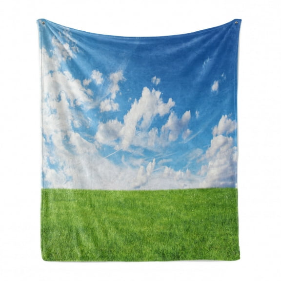 Blue Sky Soft Flannel Fleece Throw Blanket, Landscape Scenery Print of Greenery Land with a Clear Clouds Sky, Cozy Plush for Indoor and Outdoor Use, 50" x 70", Lime Green and Sea Blue, by Ambesonne
