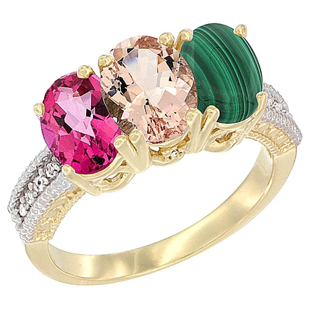 10K Yellow Gold Diamond Natural Pink Topaz, Morganite & Malachite Ring 3-Stone Oval 7x5 mm, sizes 5 10 by WorldJewels