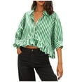 thumbnail image 3 of VKOYWKM Womens Summer Tops Dressy Casual Button Down Collar Striped Shirt 3/4 Sleeve Crop Top Ruffled Hem Loose Fit Oversized Trendy Blouses, 3 of 8