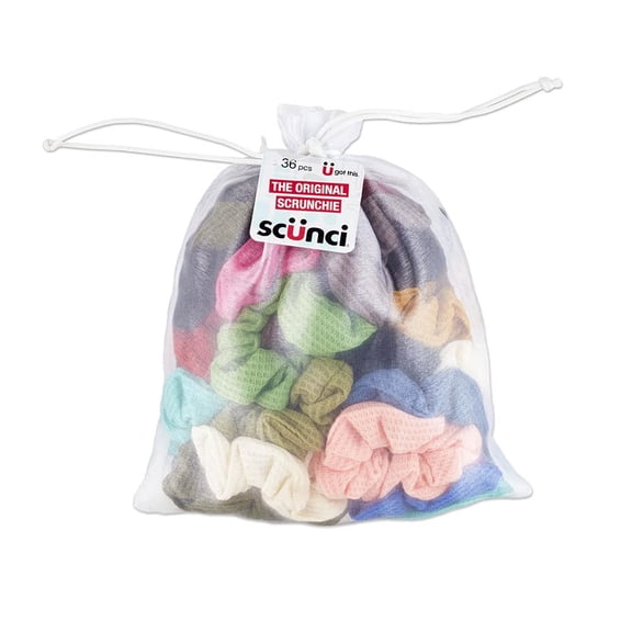 Scunci by The Original Scrunchie Hair Ties, 36 Count Hair Scrunchies for Women, Super-Comfy Waffle Knit, Everyday Style Accessories for Sports and Working Out, Assorted Colors