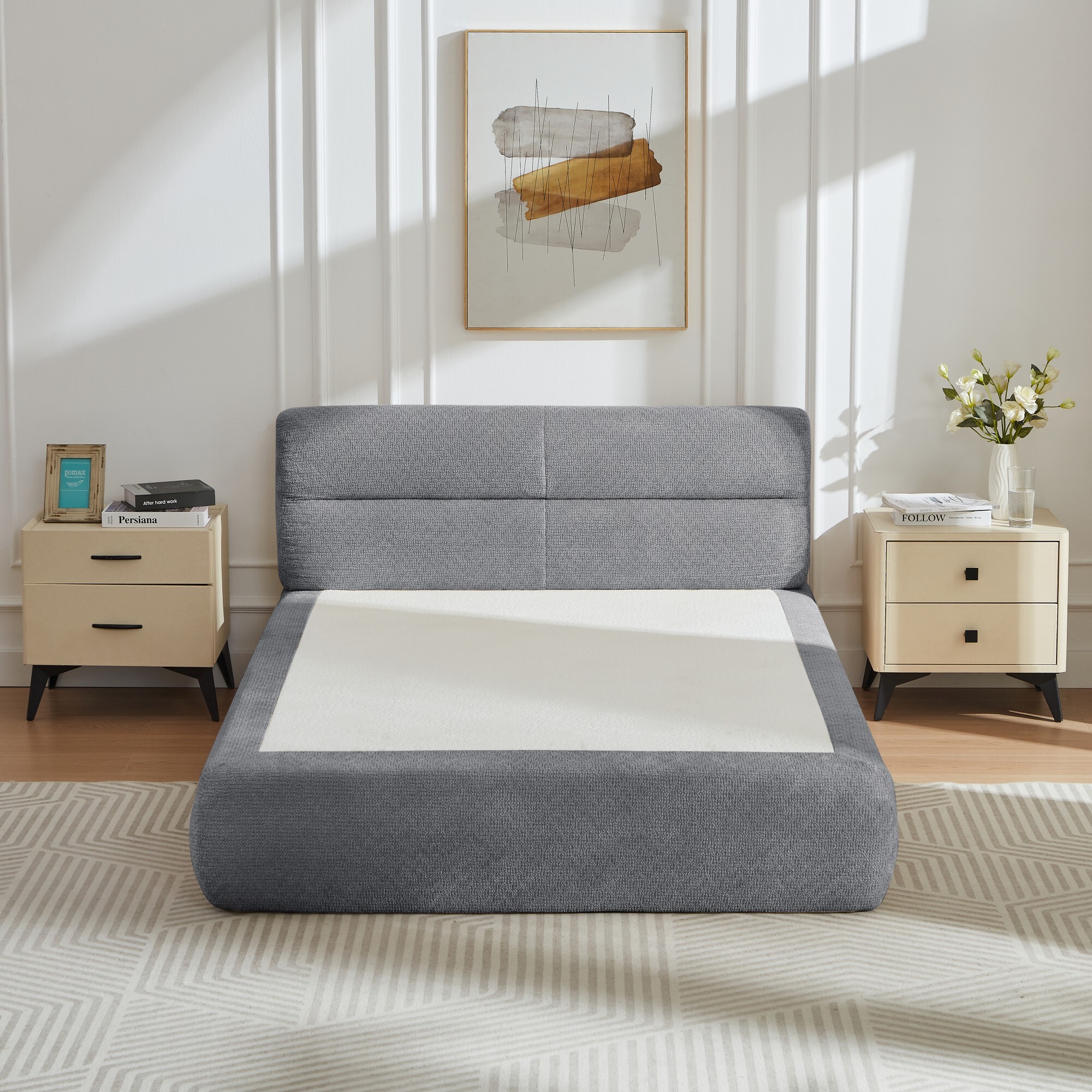 DEALTOPS Modern Upholstered Chenille Bed, Compressed Platform Bed with Spring Support, No Assembly, Gray