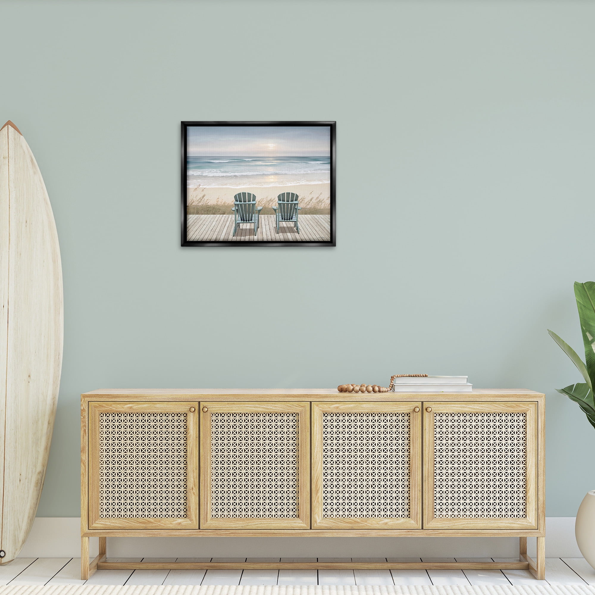 Stupell Industries Chairs with Beach Sunrise Landscape Painting Black Floater Framed Canvas Art Print Wall Art, 31 x 25
