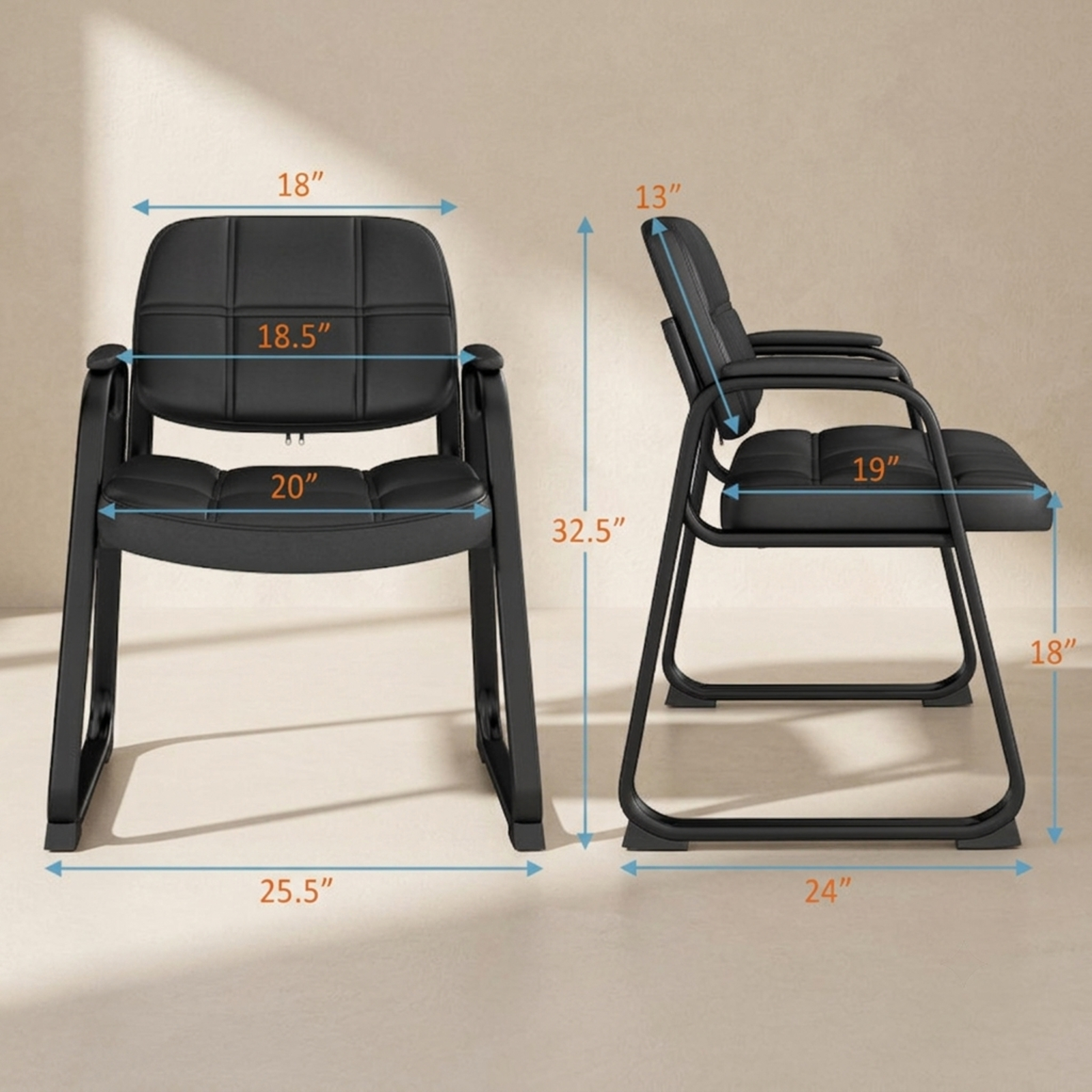 Furnibear Set of 2 Waiting Room Guest Chairs with PU Leather Upholstery and Lattice Back for Home Office and Reception, Black