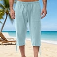 thumbnail image 2 of Wrtxtat Men's Cotton Linen Capris Casual Lightweigth Elastic Waist Drawstrings Trousers with Pockets Adjustable Cuffs Pants for Summer Beach Vacation Sky Blue XXXL, 2 of 8