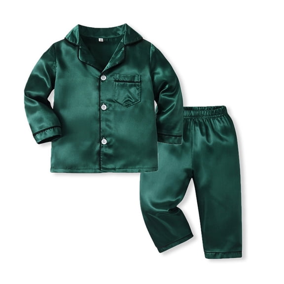 UACY Kids Baby Girl Boy Satin Pajama Set, Button Down Sleep Shirt Top and Long Pants Bottoms, Sleepwear Loungewear Clothes (Green, 3-4 Years)