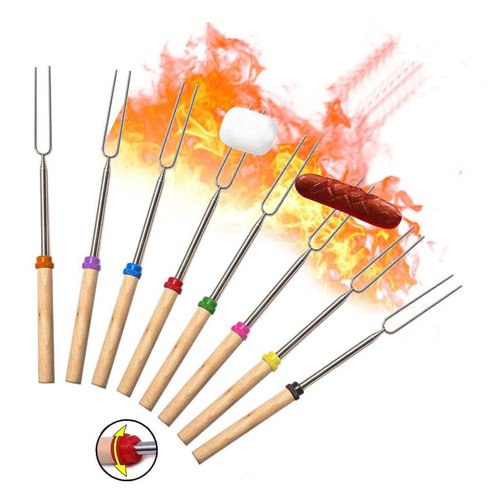 Sausage Wealers Marshmallow Roasting Sticks Camping Cookware for Kebab Perfect for Patio Grill & Campfire with Kids Hot Dog Storage Bag Included Set of 8 Telescopic Smore Heavy Duty Skewers 