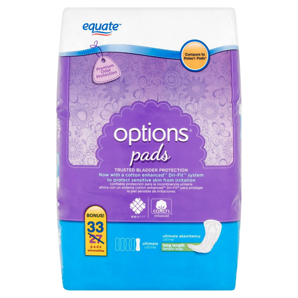 Equate Options Incontinence Pads for Women, Ultimate, Long Length, 33