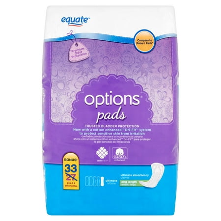 Equate Options Incontinence Pads for Women, Ultimate, Long Length, 33 ...