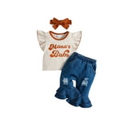 Frobukio 3Pcs Kids Baby Girls Summer Clothes Ruffle Short Sleeve T-Shirt Flare Denim Pants Bell-Bottom Sets Beige 18-24 Months