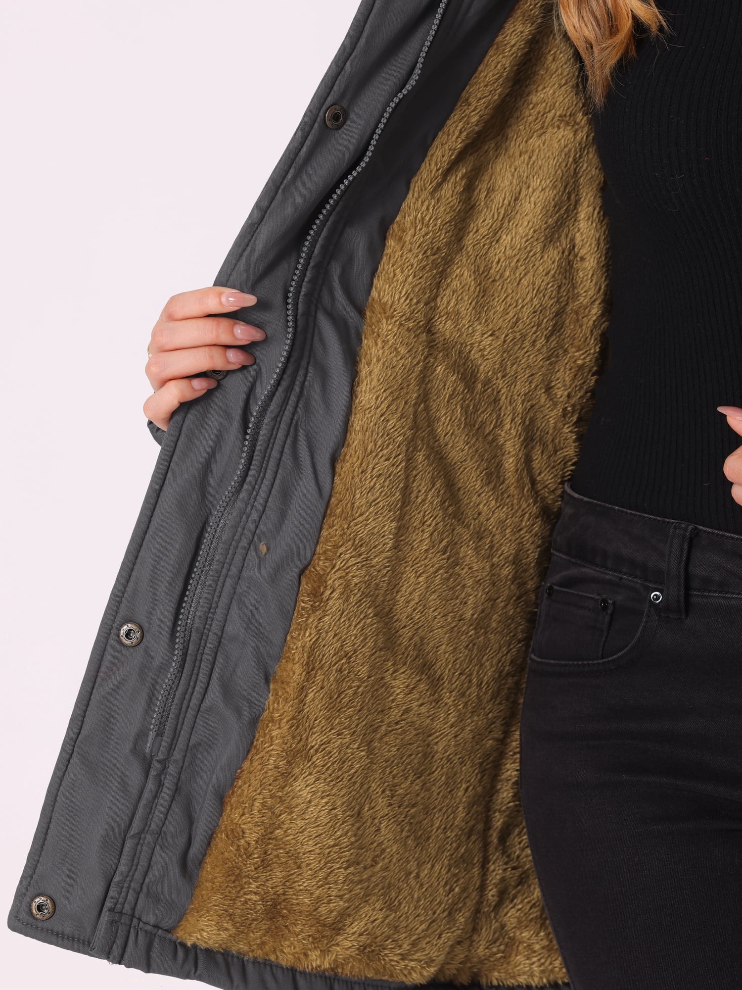 Unique Bargains Women Windproof Winter Parka Puffer Coat with Faux Fur Hood M Gray