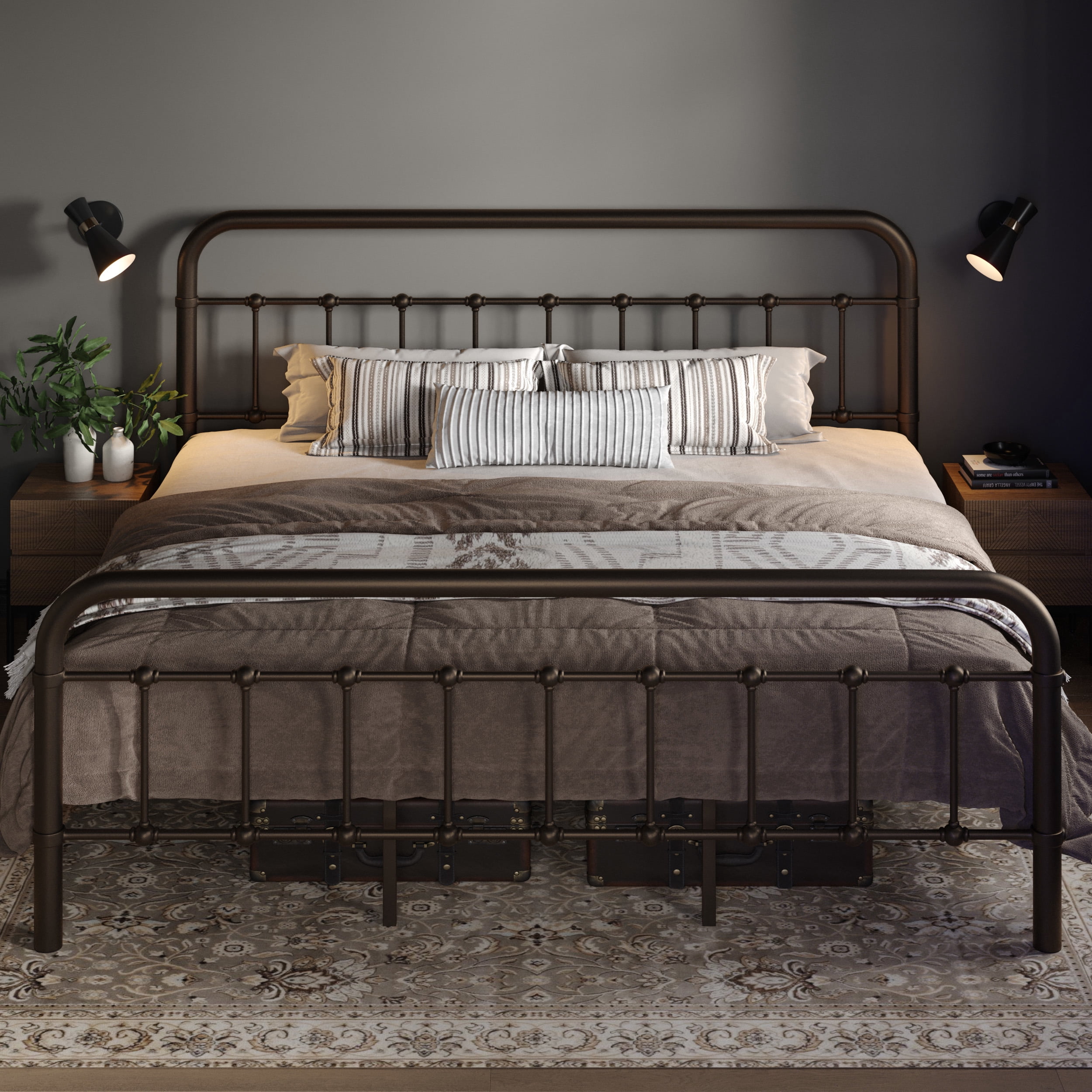 Allewie King Size Metal Platform Bed Frame with Victorian Style Wrought Iron-Art Headboard/Footboard, Antique Gold