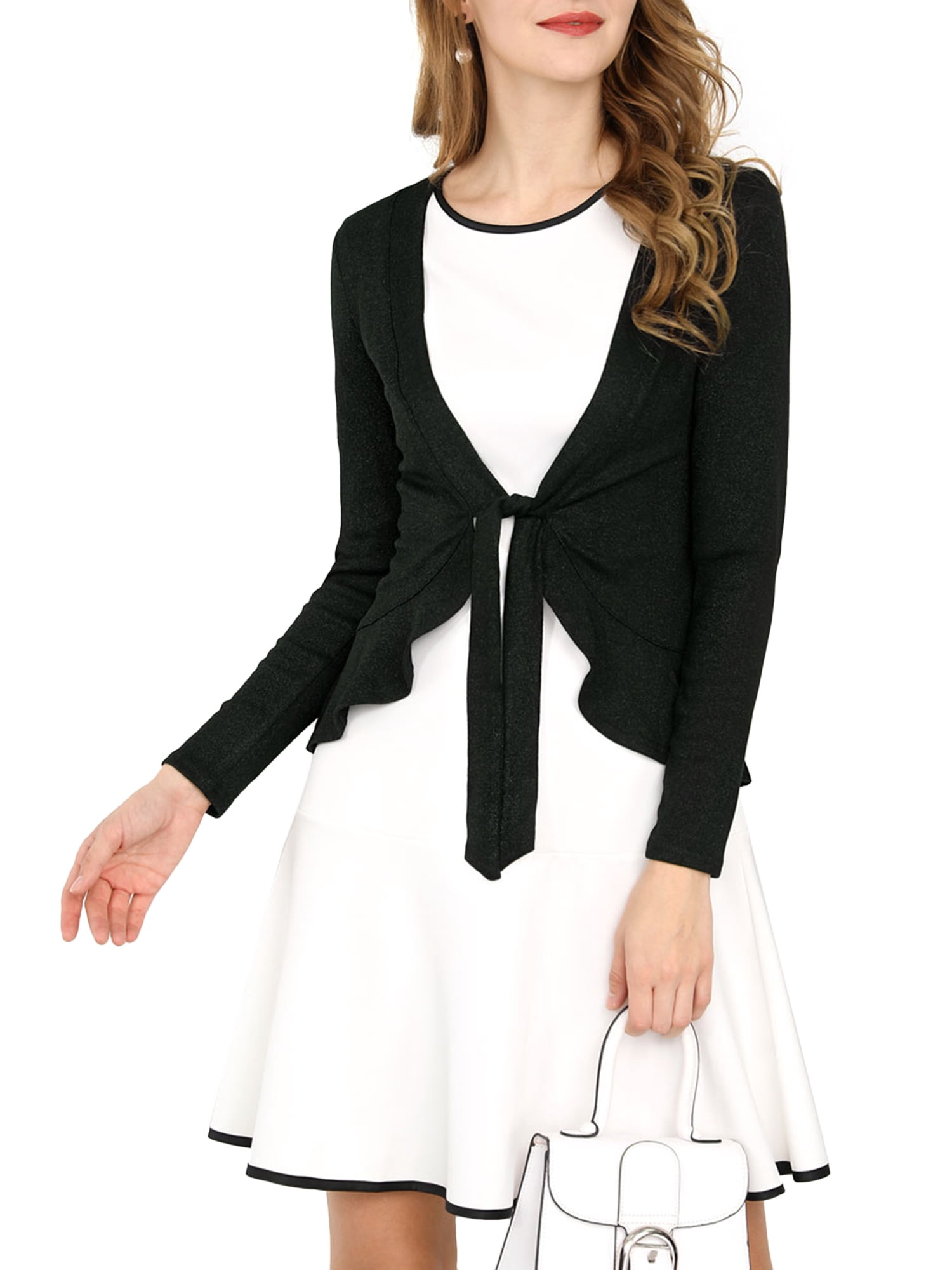 DARING DIVA Women's Tie Front Ruffled Hem Crop Knit Cardigan L Black