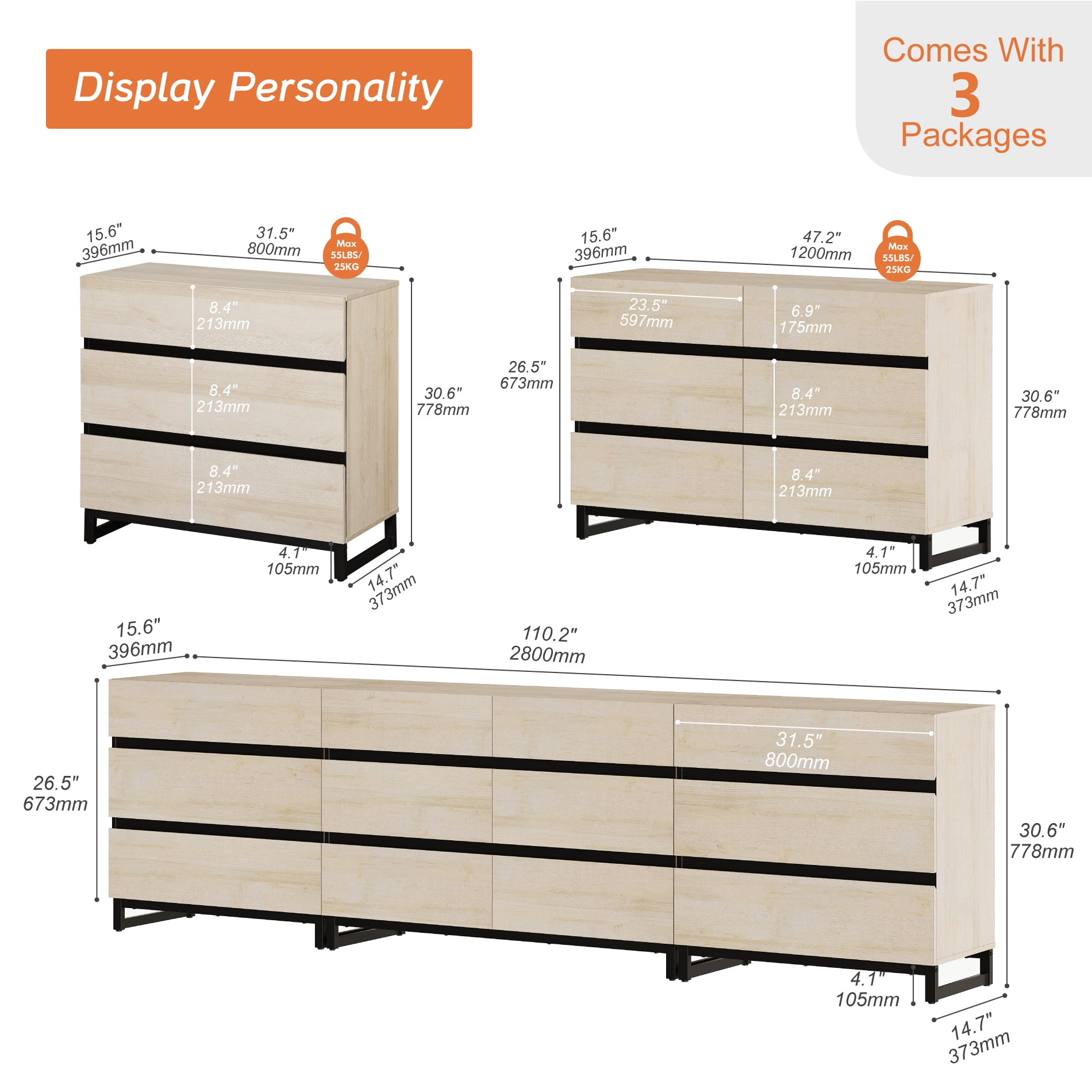 WAMPAT 3-in-1 Modern Wood Dresser, 12 Drawers & Metal Base, Closet Storage Organizer for Bedroom,Beige