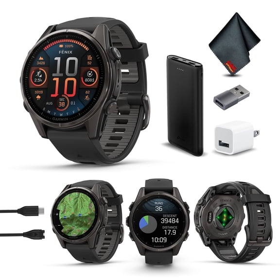 Garmin Fenix 8 43MM AMOLED Sapphire Multisport GPS Smartwatch Carbon Gray DLC Titanium with Black Gray Silicone Band, Built-in LED Flashlight Charging Bundle