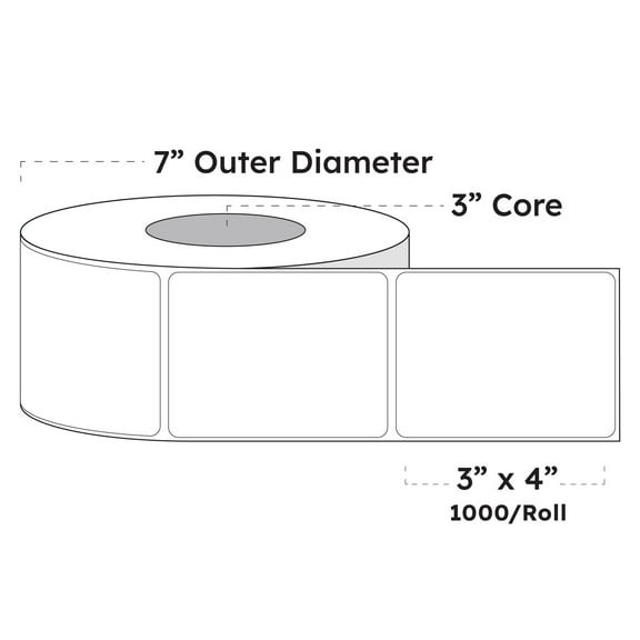 BuffaloLabel 3" x 4" x 1000 Labels - White Gloss BOPP Roll Inkjet Labels - 3" Core - Blank