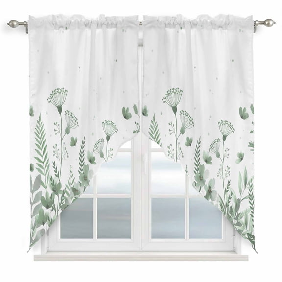Sage Green Spring Floral Swag Valances for Windows, Kitchen Window Curtains Over Sink, Watercolor Elegant Pastoral Flowers Window Treatment Curtains for Living Room/Bedroom 2 Panel Sets 36"x45"