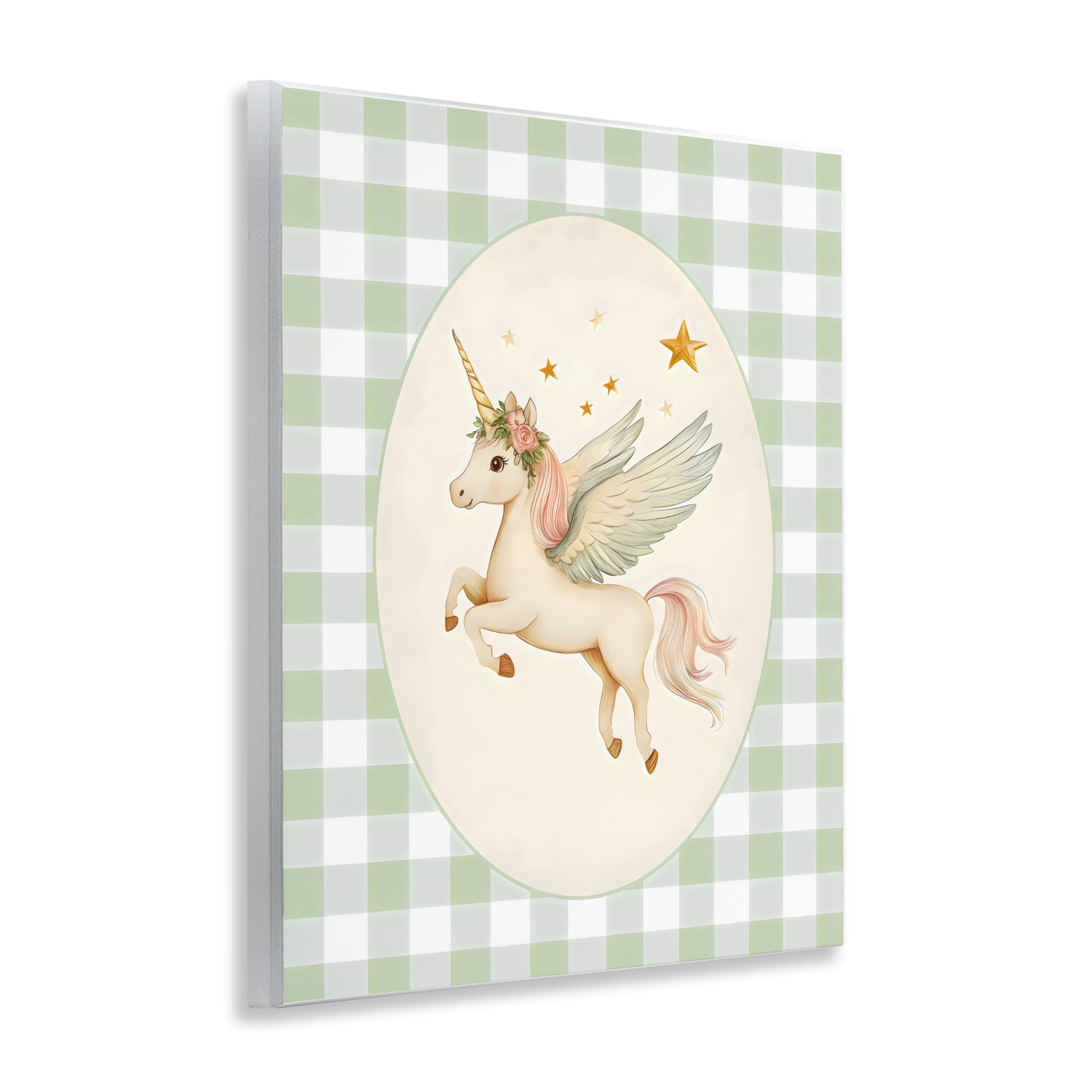 Stupell Industries Winged Unicorn over Green Gingham Wall Plaque Art, design by Arlington Prints