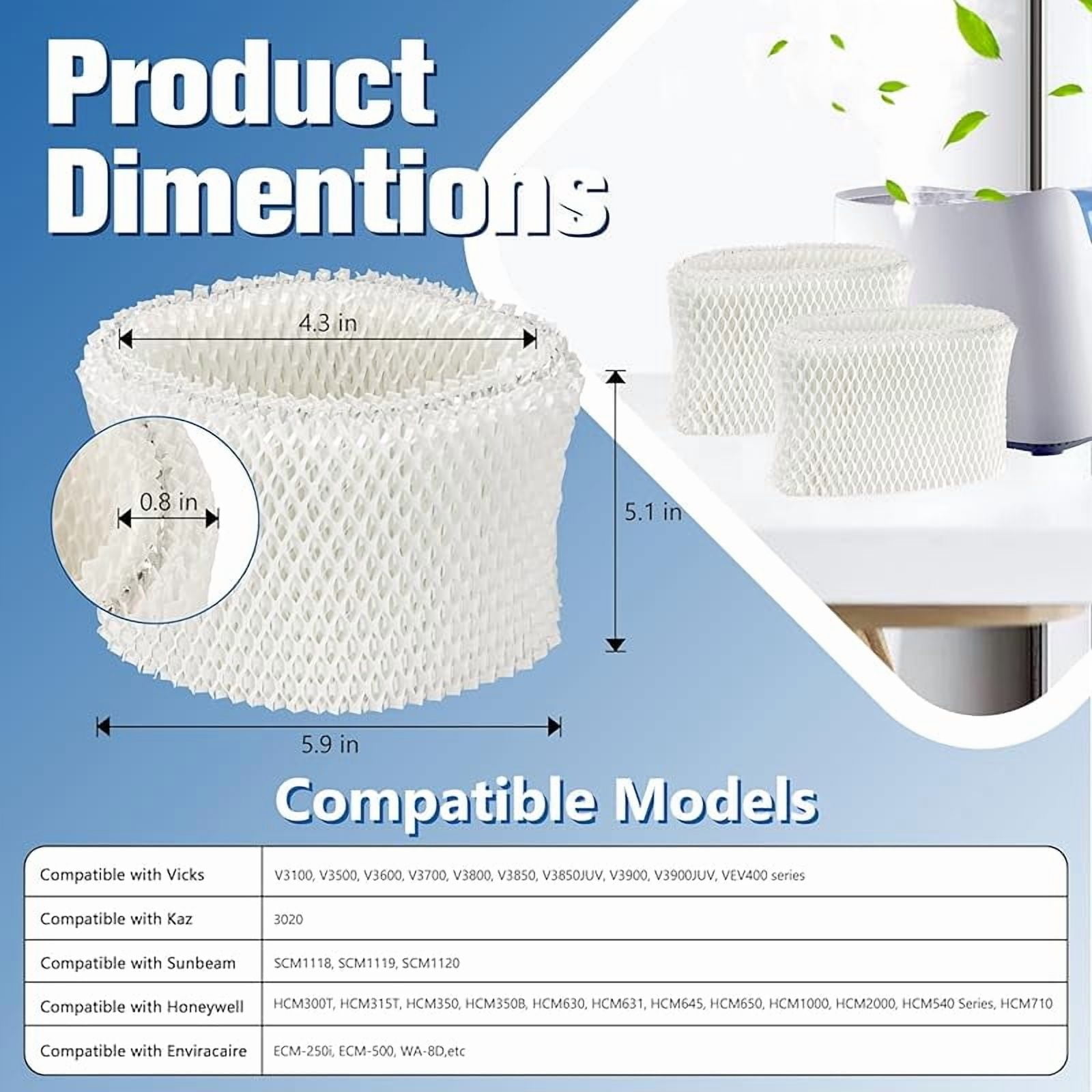 WF2 Humidifier Filter Replacement for Vicks Kaz Humidifier Starry Night Cool Mist V3500N V3700 V3100 V3900 Sunbeam 1118 1119 Honeywell HCM-300T HCM-350 WA-8D Enviracaire ECM-500 6 Pack